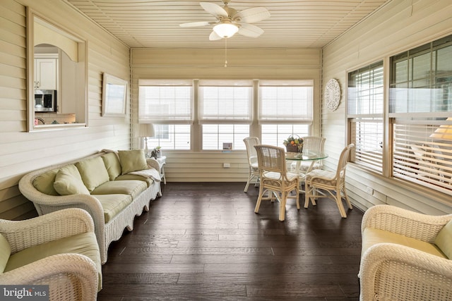 sunroom / solarium featuring ceiling fan and wooden ceiling