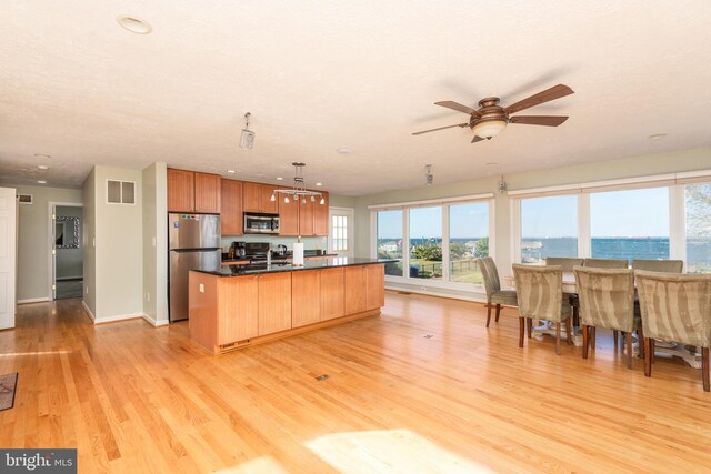 kitchen featuring ceiling fan, appliances with stainless steel finishes, light hardwood / wood-style flooring, pendant lighting, and sink