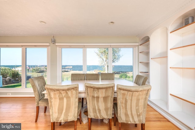 dining space with a water view, a wealth of natural light, and hardwood / wood-style floors