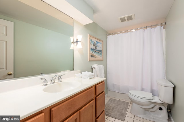 full bathroom featuring vanity, toilet, tile patterned flooring, and shower / tub combo with curtain