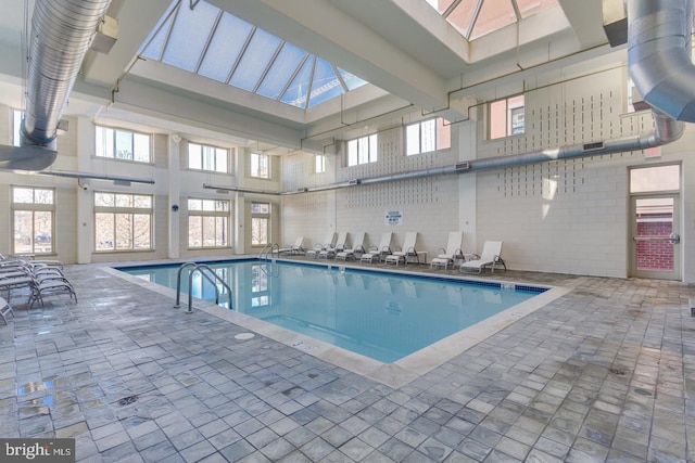 view of swimming pool with a skylight