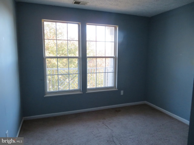 carpeted spare room with a textured ceiling