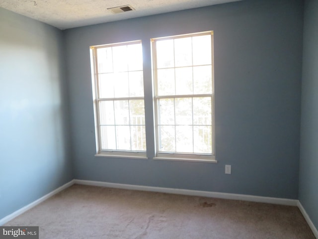 carpeted spare room with a textured ceiling