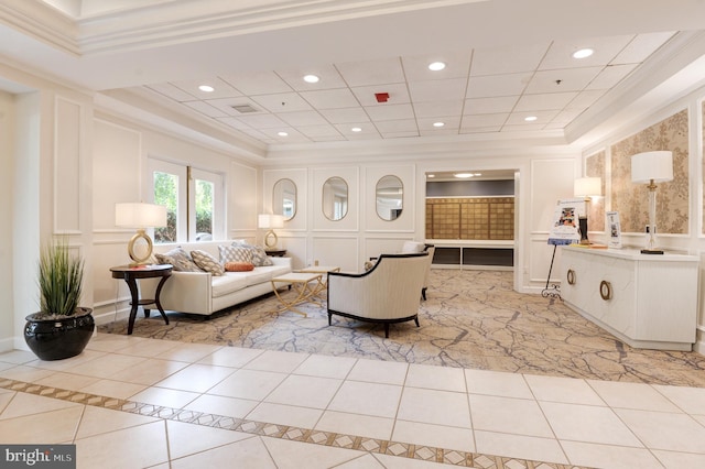 tiled living room with crown molding