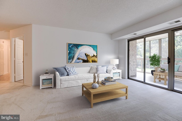 carpeted living room with a textured ceiling