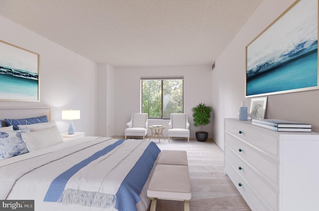 carpeted bedroom with a textured ceiling