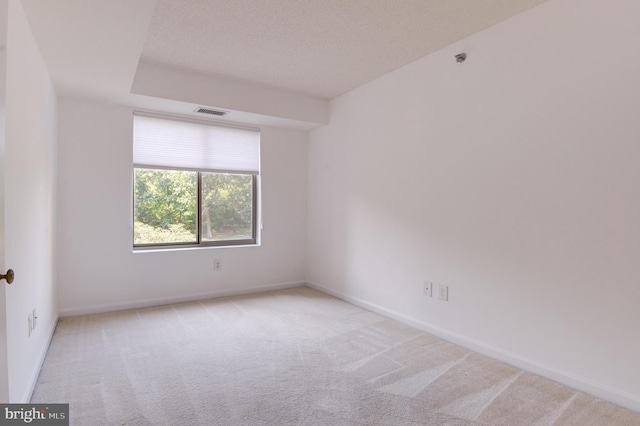 unfurnished room featuring a textured ceiling and light colored carpet