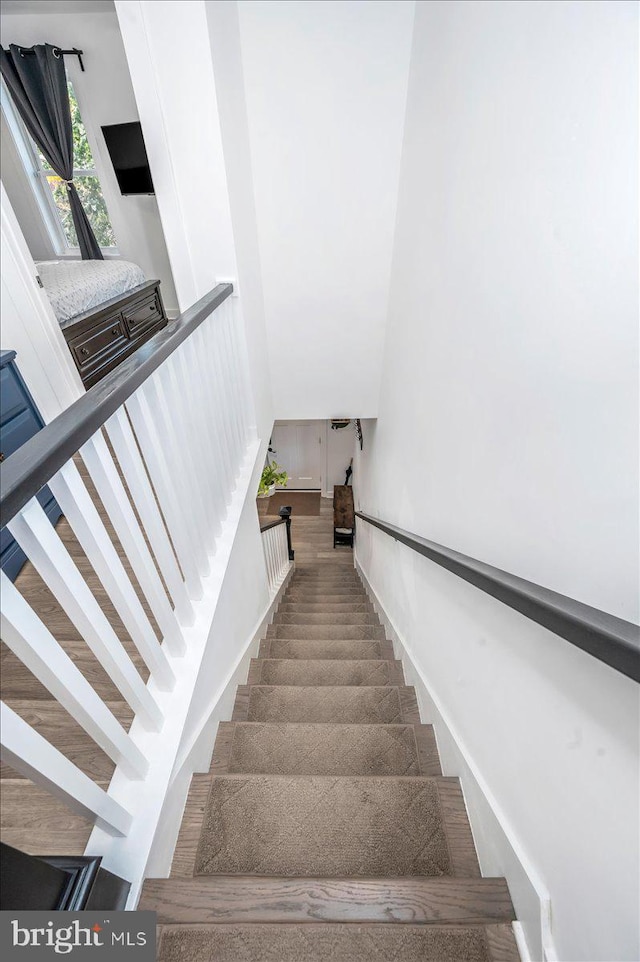 staircase with hardwood / wood-style flooring