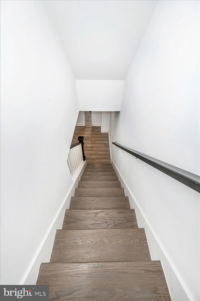 stairway with hardwood / wood-style floors