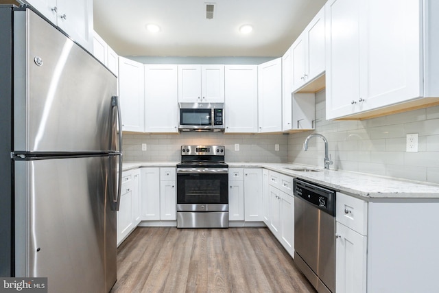 kitchen with a sink, decorative backsplash, white cabinets, appliances with stainless steel finishes, and wood finished floors