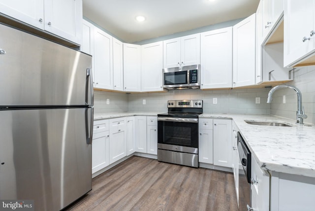 kitchen with wood finished floors, backsplash, appliances with stainless steel finishes, and a sink
