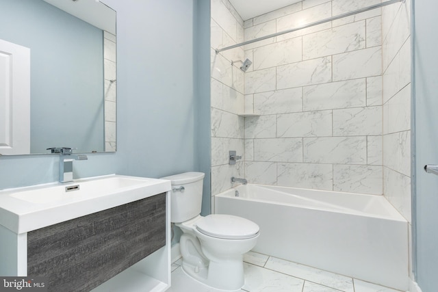 bathroom with toilet, shower / washtub combination, vanity, and marble finish floor