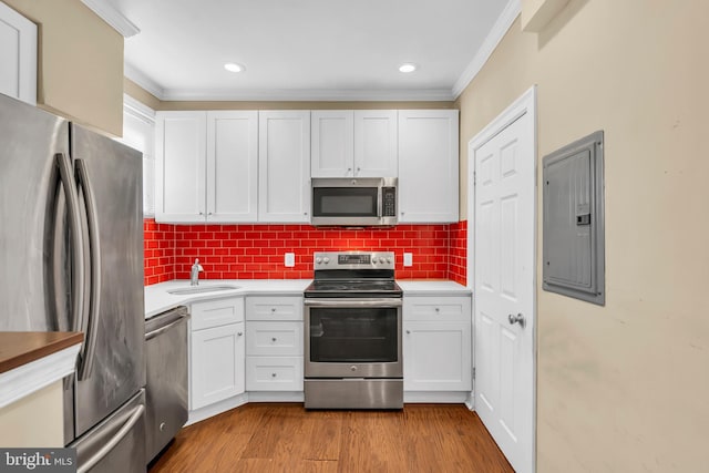 kitchen with electric panel, white cabinetry, sink, and stainless steel appliances