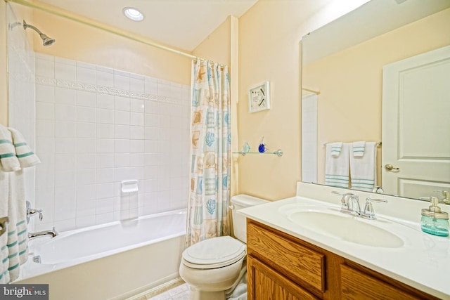 full bathroom with vanity, toilet, and shower / tub combo with curtain