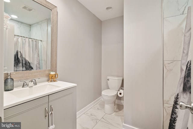 full bathroom featuring vanity, baseboards, visible vents, toilet, and marble finish floor