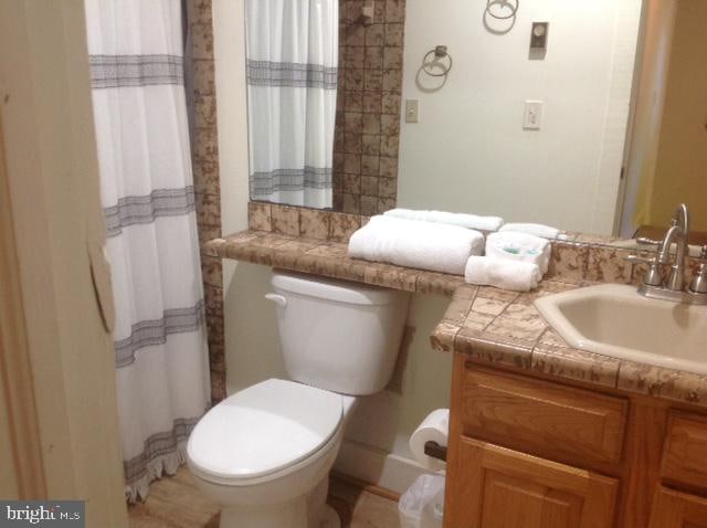 bathroom featuring vanity, a shower with curtain, and toilet