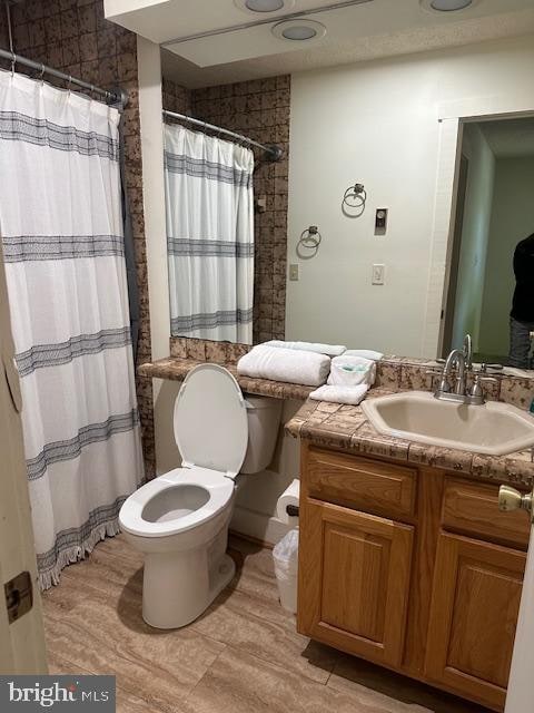 bathroom featuring vanity, toilet, and a shower with curtain