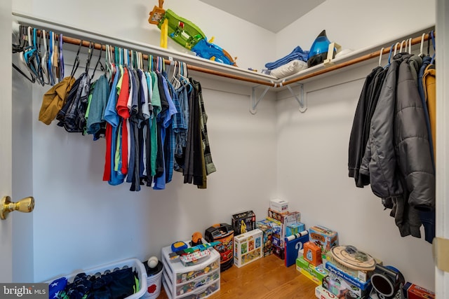 walk in closet with light hardwood / wood-style flooring