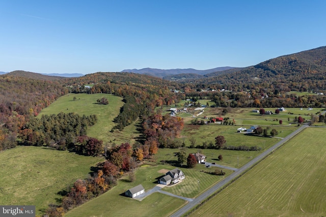 aerial view featuring a mountain view and a rural view