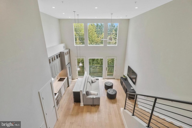 living room featuring a high ceiling and light hardwood / wood-style flooring