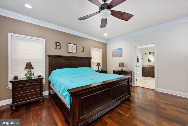 bedroom with ceiling fan, ensuite bath, crown molding, and dark hardwood / wood-style flooring