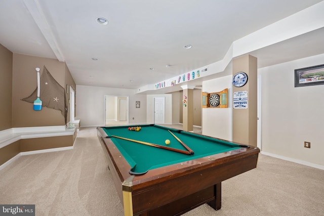 game room with pool table and light colored carpet