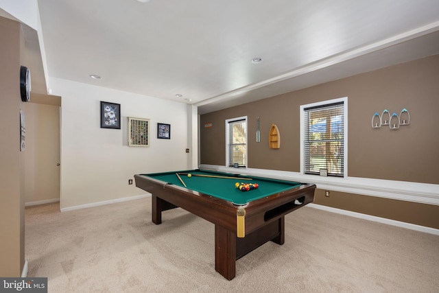 game room with light colored carpet and billiards