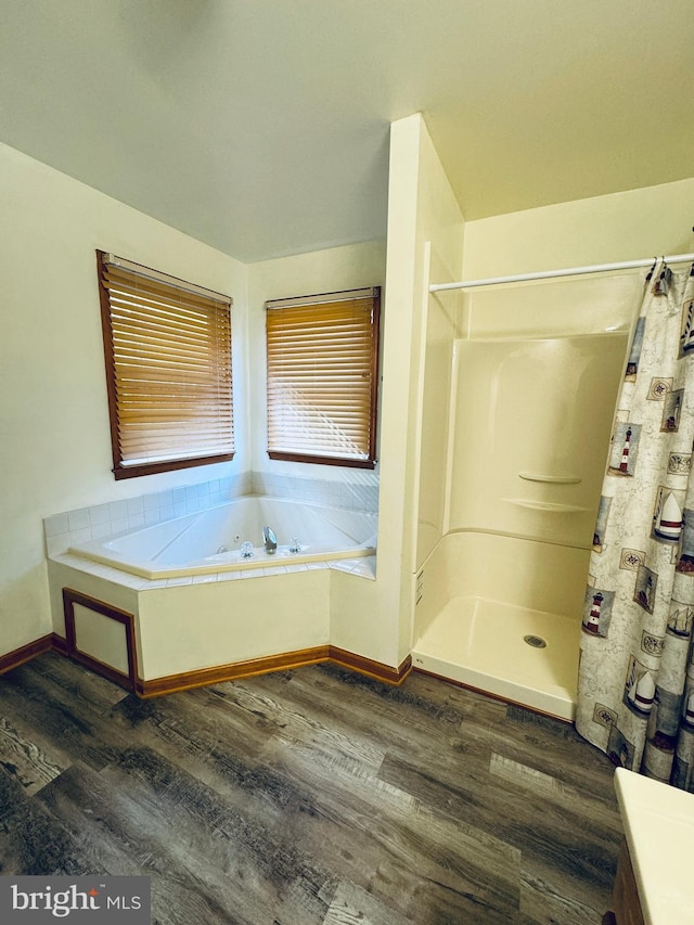 bathroom with vanity, plus walk in shower, and wood-type flooring