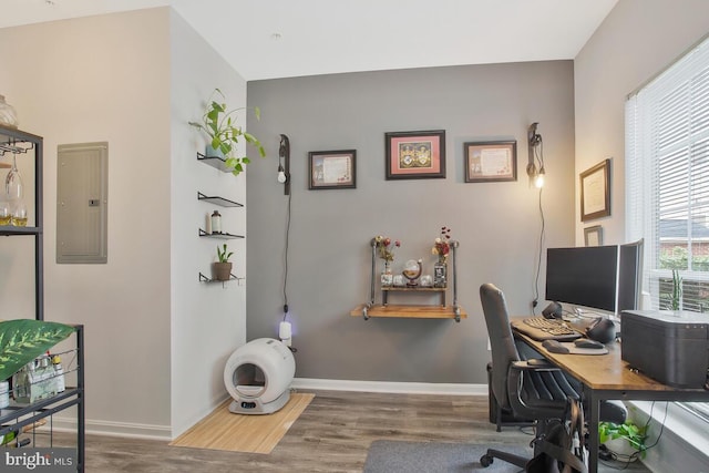 office with electric panel and wood-type flooring