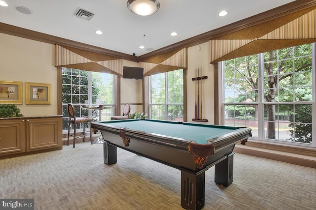 game room featuring billiards, crown molding, and a wealth of natural light