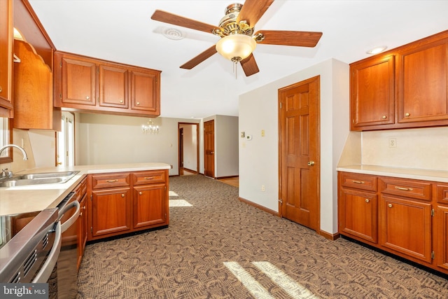 kitchen featuring light carpet, dishwasher, sink, and ceiling fan