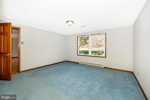 carpeted spare room featuring a baseboard radiator