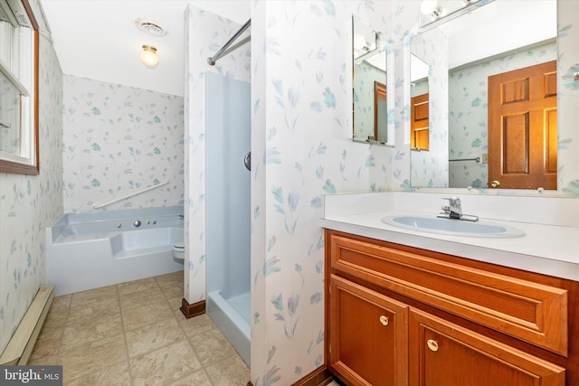 full bathroom with vanity, baseboard heating, plus walk in shower, and toilet