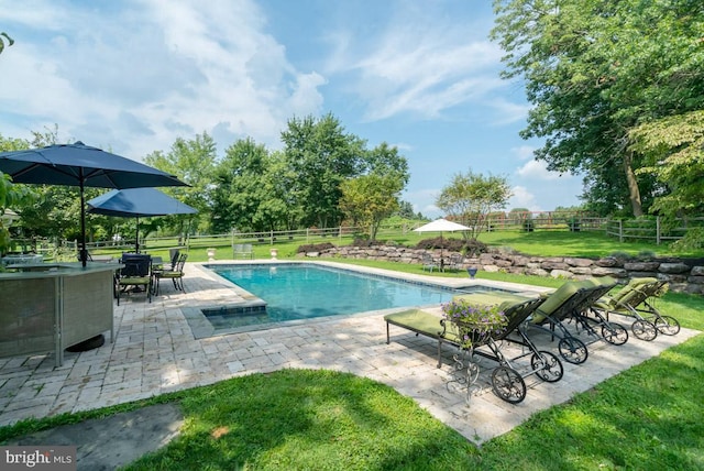 outdoor pool with a yard, a fenced backyard, and a patio