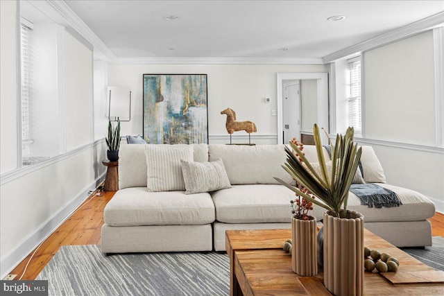 living room featuring crown molding, baseboards, and wood finished floors