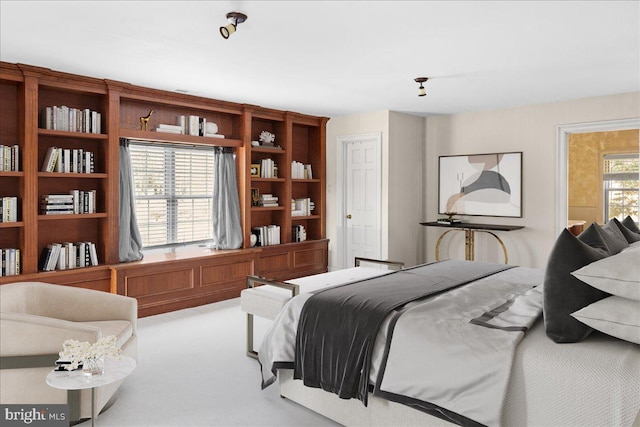 bedroom featuring light colored carpet