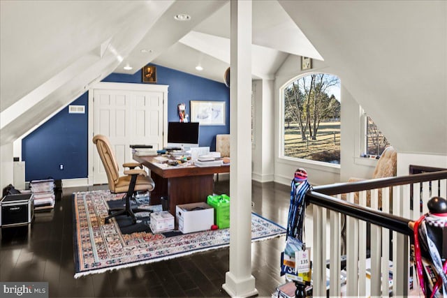 office featuring visible vents, baseboards, wood finished floors, vaulted ceiling, and recessed lighting