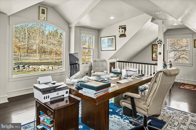 home office with dark wood-style floors, baseboards, vaulted ceiling, and recessed lighting