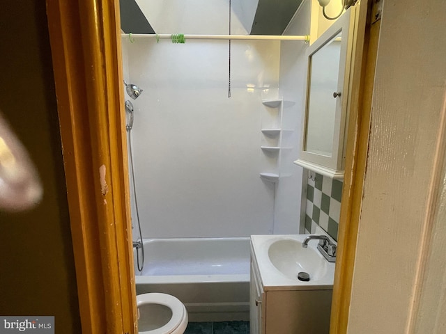 full bathroom with vanity, toilet, and bathing tub / shower combination