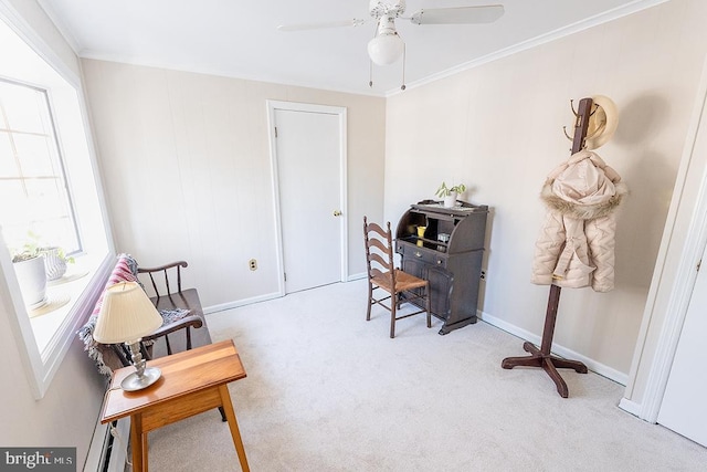 carpeted home office with ornamental molding, ceiling fan, and a baseboard heating unit