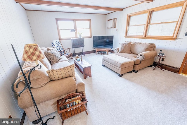 carpeted living room featuring beamed ceiling and wood walls