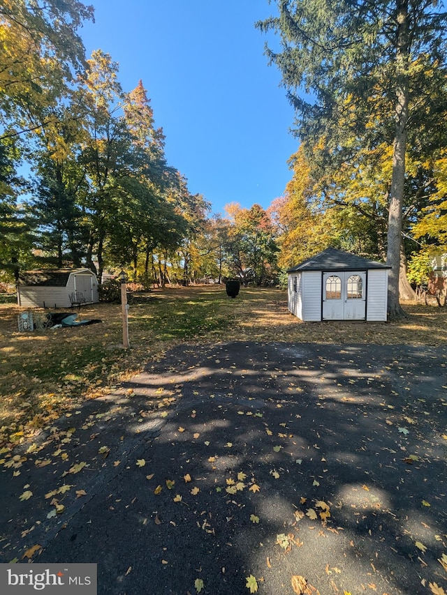 view of yard featuring a storage shed