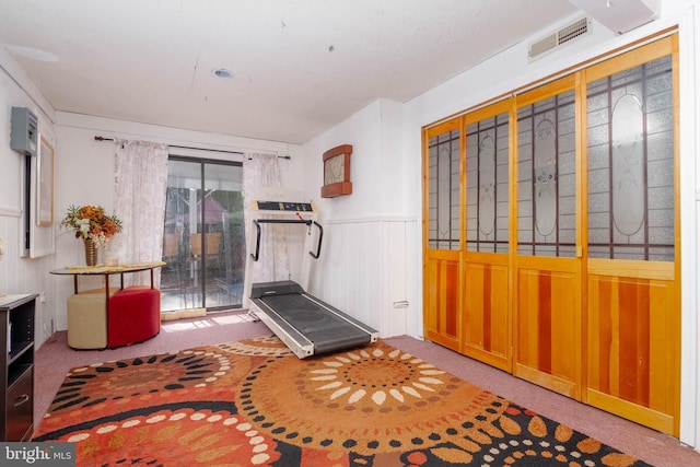 workout room with carpet flooring