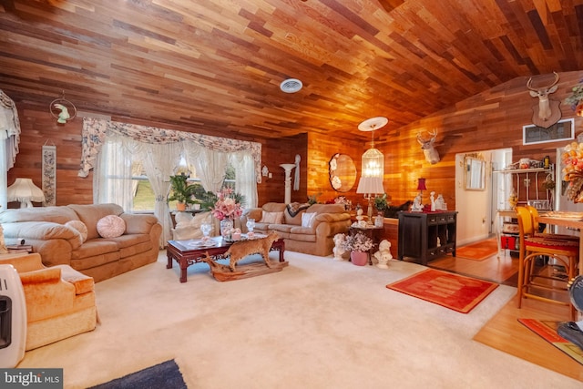 living room with wood walls, carpet, lofted ceiling, and wooden ceiling