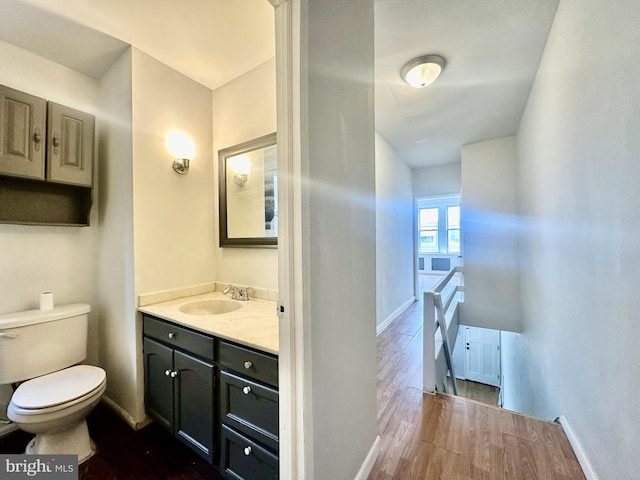 bathroom featuring vanity, wood-type flooring, and toilet