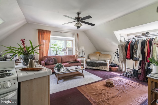 interior space featuring lofted ceiling, dark hardwood / wood-style floors, a closet, and ceiling fan