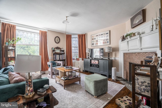 living room featuring dark wood-type flooring and plenty of natural light