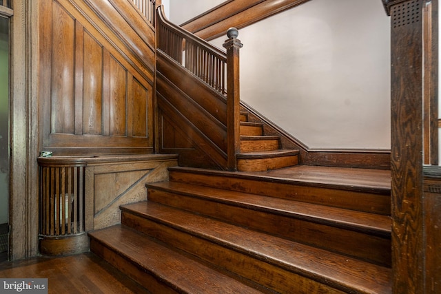 staircase featuring wood-type flooring