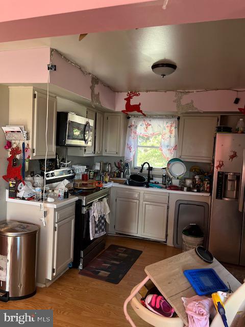 kitchen with appliances with stainless steel finishes, sink, and light hardwood / wood-style floors