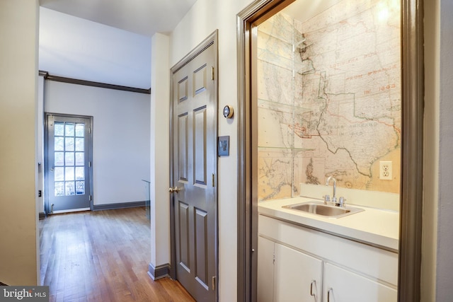 bathroom with vanity, crown molding, and wood-type flooring